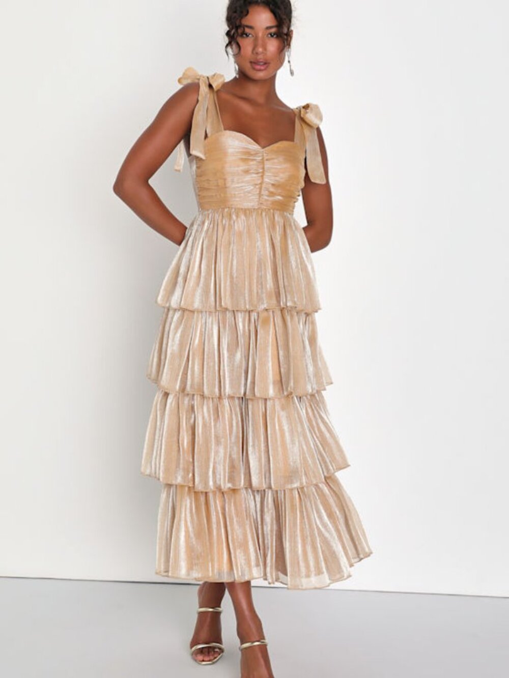 Lulus Radiant Arrival Shiny Gold Organza Tiered Tie-strap Maxi Dress - Size L